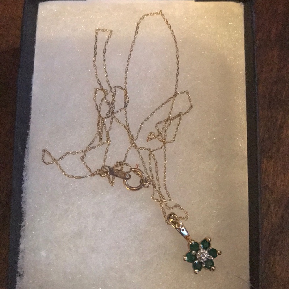 14k gold, diamond & emerald necklace & earrings.